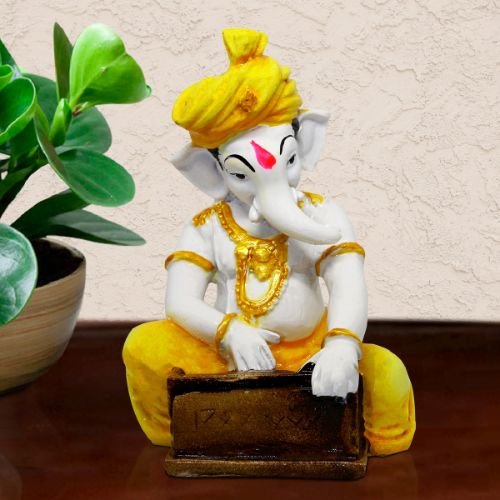 Small Lord Ganesha Idol Playing Instruments Best & Unique Design Yellow Color for Home Decor