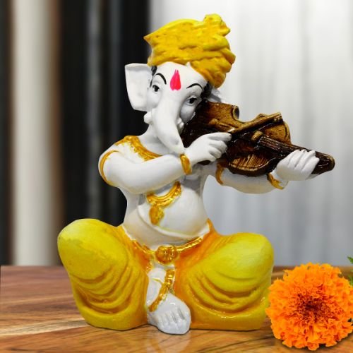 Small Lord Ganesha Idol Playing Instruments Best & Unique Design Yellow for Home Decor - Karigaari India Aesthetic Home Decor