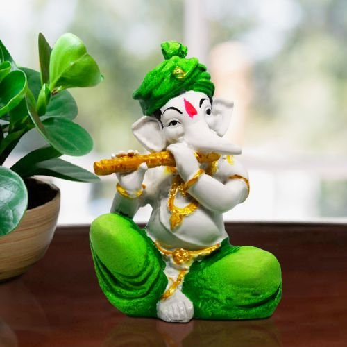 Lord Ganesha Idol Playing Flute Best & Unique Design Green for Home Decor - Karigaari India Aesthetic Home Decor