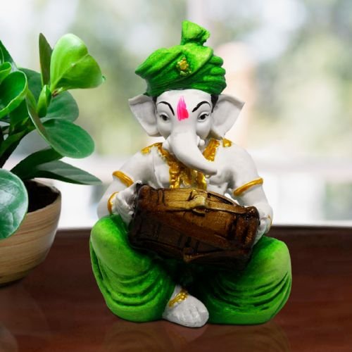 Lord Ganesha Idol Playing Dhol Best & Unique Design Green for Home Decor