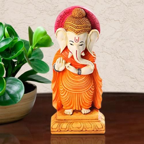Lord Ganesha Standing Idol Best & Unique Design Orange Colour for Home Decor - Karigaari India Aesthetic Home Decor