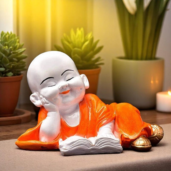 Handcrafted Ployresin Lord Buddha Multicolour Sleeping And Reading Book Statue Showpiece Home Decor/Office Decor/Spiritual Gift - Karigaari India Aesthetic Home Decor