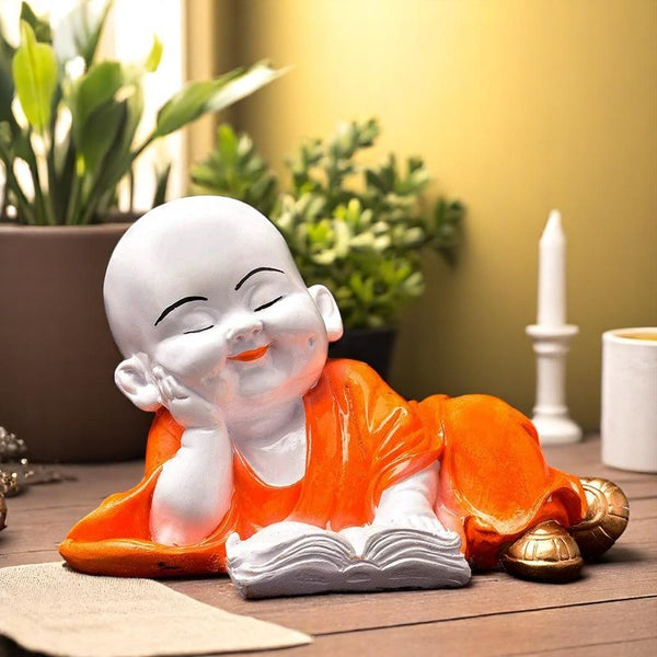 Handcrafted Ployresin Lord Buddha Multicolour Sleeping And Reading Book Statue Showpiece Home Decor/Office Decor/Spiritual Gift - Karigaari India Aesthetic Home Decor