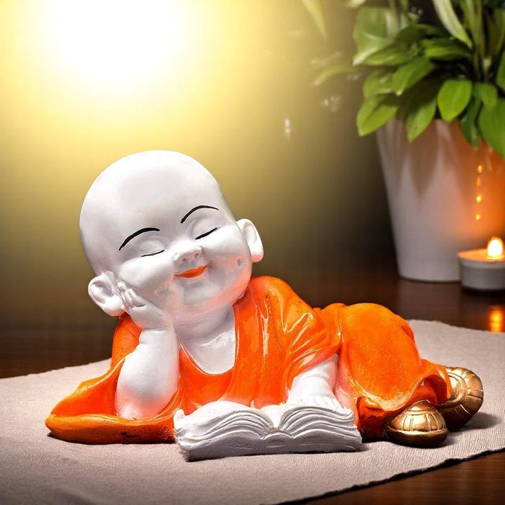 Handcrafted Ployresin Lord Buddha Multicolour Sleeping And Reading Book Statue Showpiece Home Decor/Office Decor/Spiritual Gift - Karigaari India Aesthetic Home Decor