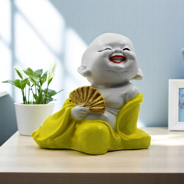 Handcrafted Ployresin Lord Buddha Sitting  Laughing Statue Showpiece Home Decor/Office Decor/Spiritual Gift, White And Yellow - Karigaari India Aesthetic Home Decor