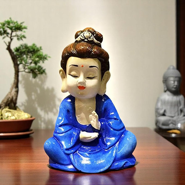Handcrafted Ployresin Lord Buddha White And Dark Blue Colour Sitting Statue Showpiece Home Decor/Office Decor/Spiritual Gift - Karigaari India Aesthetic Home Decor