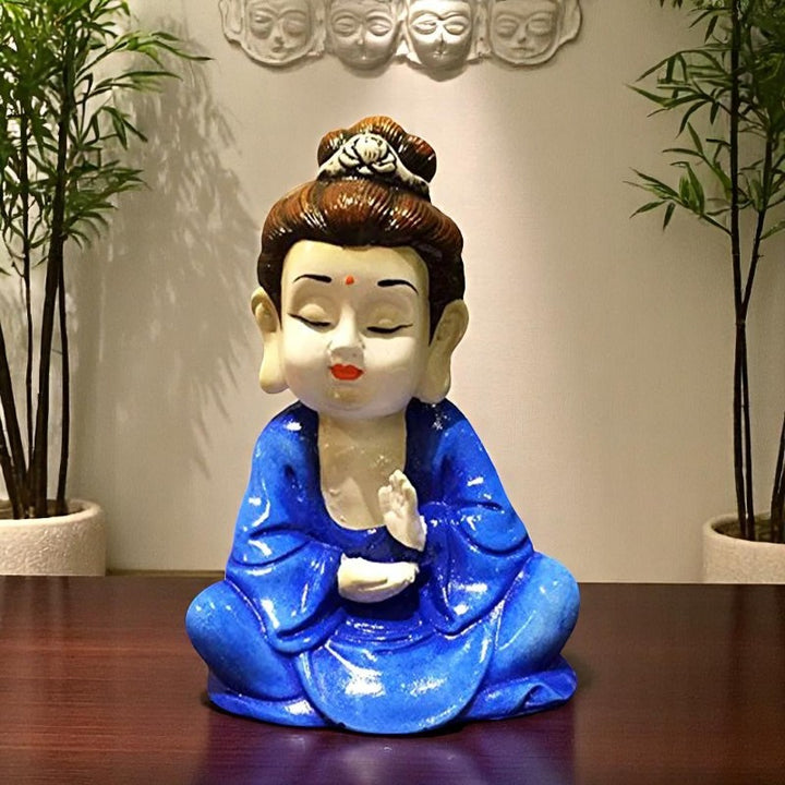 Handcrafted Ployresin Lord Buddha White And Dark Blue Colour Sitting Statue Showpiece Home Decor/Office Decor/Spiritual Gift - Karigaari India Aesthetic Home Decor