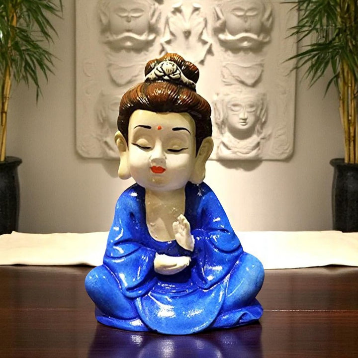 Handcrafted Ployresin Lord Buddha White And Dark Blue Colour Sitting Statue Showpiece Home Decor/Office Decor/Spiritual Gift - Karigaari India Aesthetic Home Decor