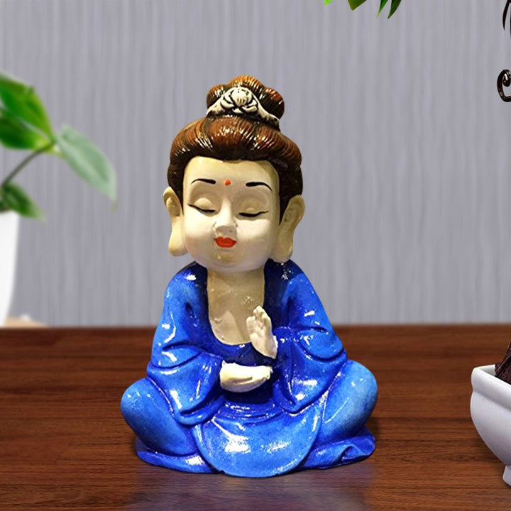 Handcrafted Ployresin Lord Buddha White And Dark Blue Colour Sitting Statue Showpiece Home Decor/Office Decor/Spiritual Gift - Karigaari India Aesthetic Home Decor