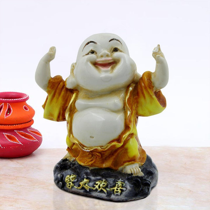 Handcrafted Ployresin Lord Buddha Laughing And Standing Statue Showpiece Home Decor/Office Decor/Spiritual Gift, White And Yellow - Karigaari India Aesthetic Home Decor