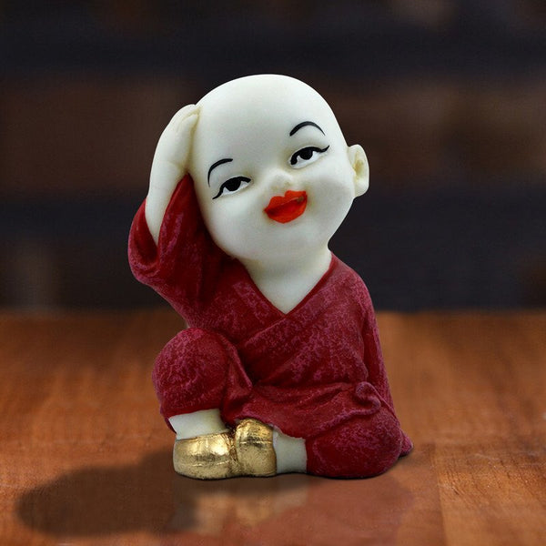 Handcrafted Ployresin Lord Buddha Sitting And Putting Hand On Head Statue Showpiece Home Decor/Office Decor/Spiritual Gift, White And Red - Karigaari India Aesthetic Home Decor