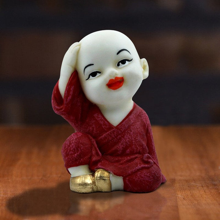 Handcrafted Ployresin Lord Buddha Sitting And Putting Hand On Head Statue Showpiece Home Decor/Office Decor/Spiritual Gift, White And Red - Karigaari India Aesthetic Home Decor