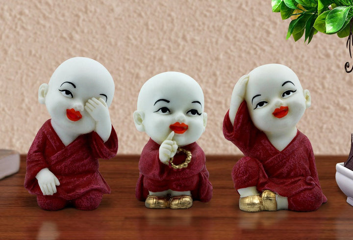 Handcrafted Ployresin Lord Buddha Three Sitting Statue Showpiece Home Decor/Office Decor/Spiritual Gift, White And Red - Karigaari India Aesthetic Home Decor