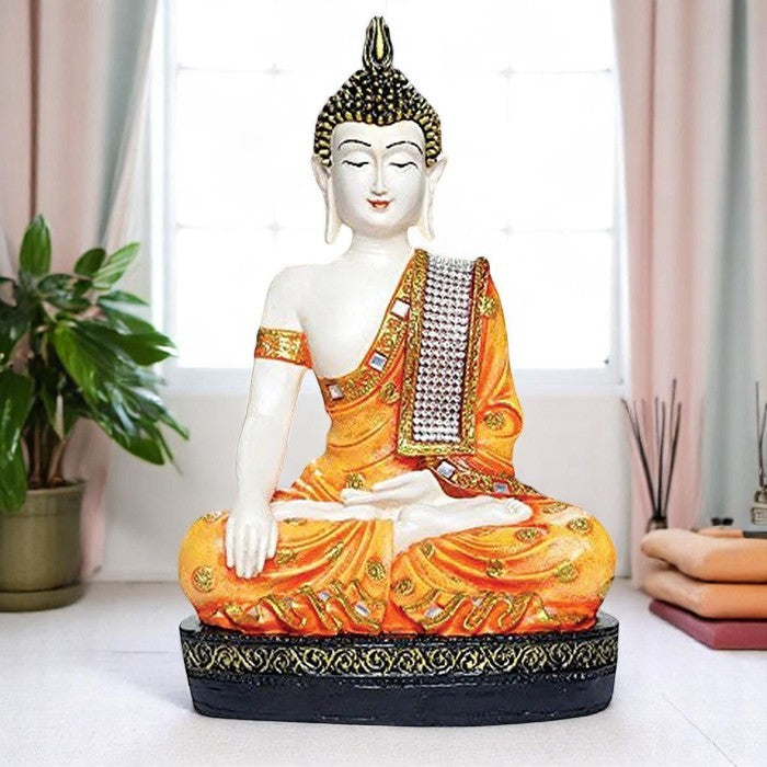 Handcrafted Ployresin Lord Buddha Meditating Orange Colour  Statue Showpiece Home Decor/Office Decor/Spiritual Gift - Karigaari India Aesthetic Home Decor