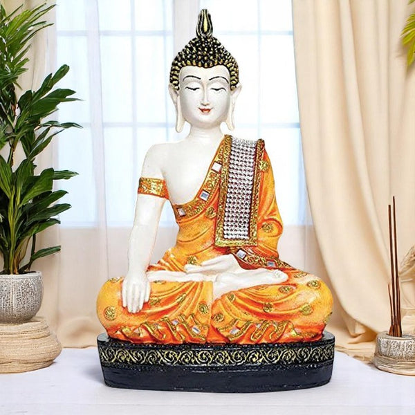 Handcrafted Ployresin Lord Buddha Meditating Orange Colour  Statue Showpiece Home Decor/Office Decor/Spiritual Gift - Karigaari India Aesthetic Home Decor