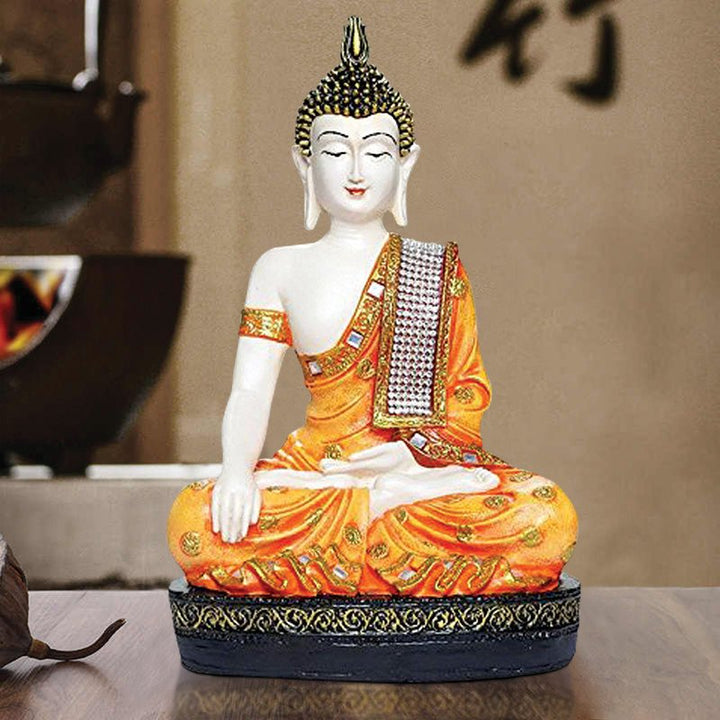 Handcrafted Ployresin Lord Buddha Meditating Orange Colour  Statue Showpiece Home Decor/Office Decor/Spiritual Gift - Karigaari India Aesthetic Home Decor