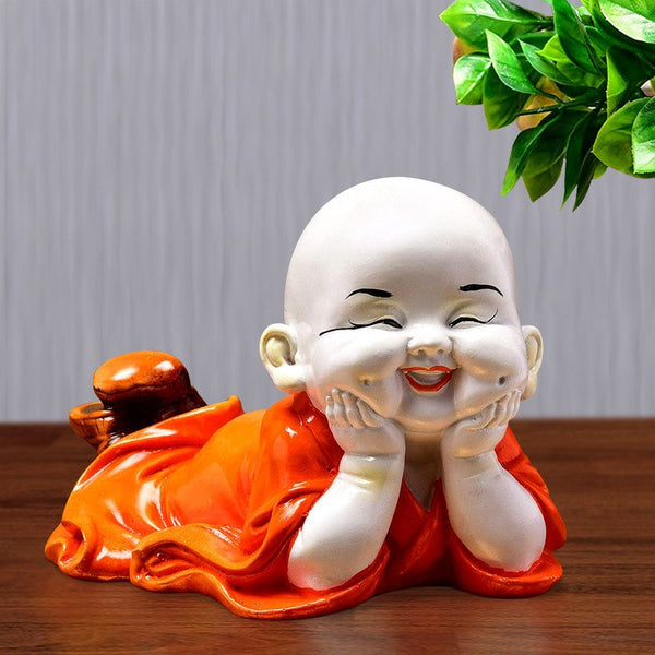 Handcrafted Ployresin Lord Buddha Sleeping With Putting Hand On Chicks Orange Colour  Statue Showpiece Home Decor/Office Decor/Spiritual Gift - Karigaari India Aesthetic Home Decor