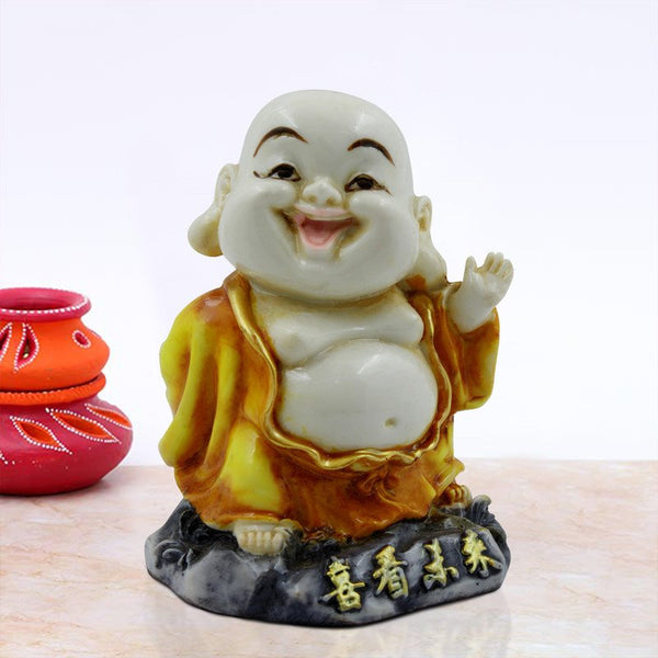 Handcrafted Ployresin Lord Buddha Laughing And Standing On Stone White And Yellow Statue Showpiece Home Decor/Office Decor/Spiritual Gift - Karigaari India Aesthetic Home Decor