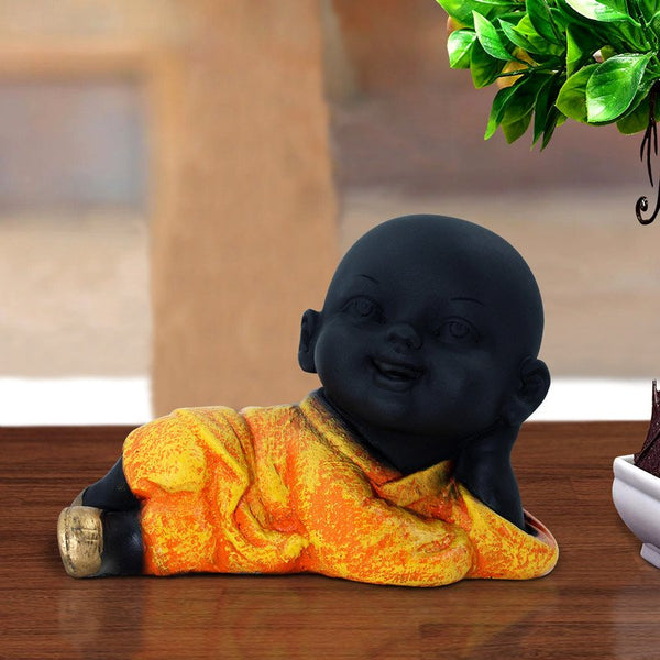 Handcrafted Ployresin Lord Buddha Sleeping Statue Showpiece Home Decor/Office Decor/Spiritual Gift, Black And Orange - Karigaari India Aesthetic Home Decor