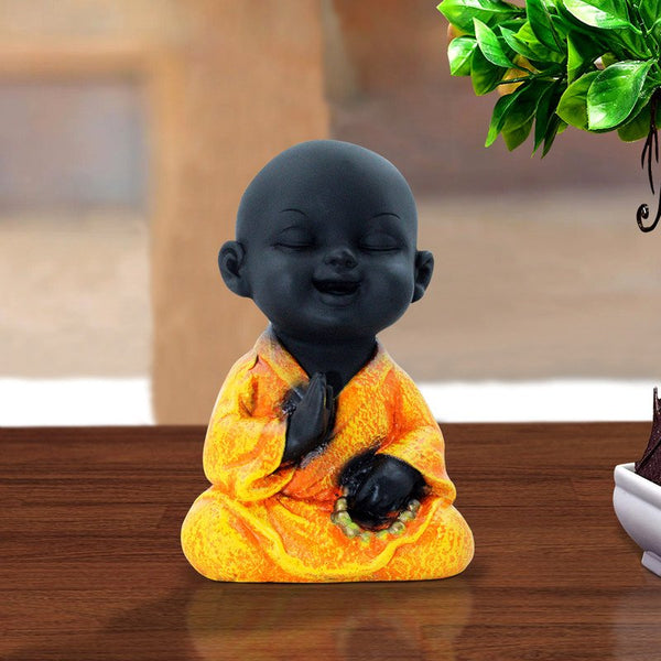 Handcrafted Ployresin Lord Buddha Sitting And Praying Statue Showpiece Home Decor/Office Decor/Spiritual Gift, Black And Orange