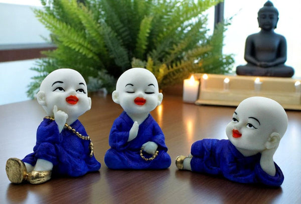 Handcrafted Ployresin Lord Buddha Three Sleeping, Praying And Thinking Statue Showpiece Home Decor/Office Decor/Spiritual Gift, White And Blue - Karigaari India Aesthetic Home Decor