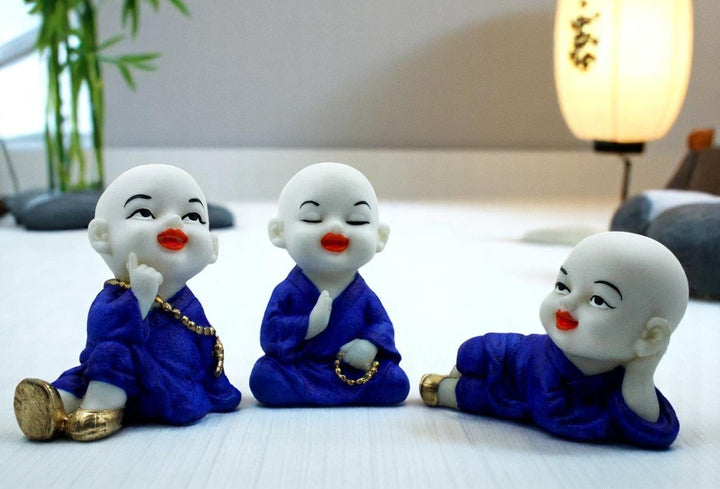 Handcrafted Ployresin Lord Buddha Three Sleeping, Praying And Thinking Statue Showpiece Home Decor/Office Decor/Spiritual Gift, White And Blue - Karigaari India Aesthetic Home Decor
