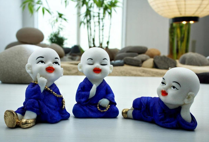 Handcrafted Ployresin Lord Buddha Three Sleeping, Praying And Thinking Statue Showpiece Home Decor/Office Decor/Spiritual Gift, White And Blue - Karigaari India Aesthetic Home Decor