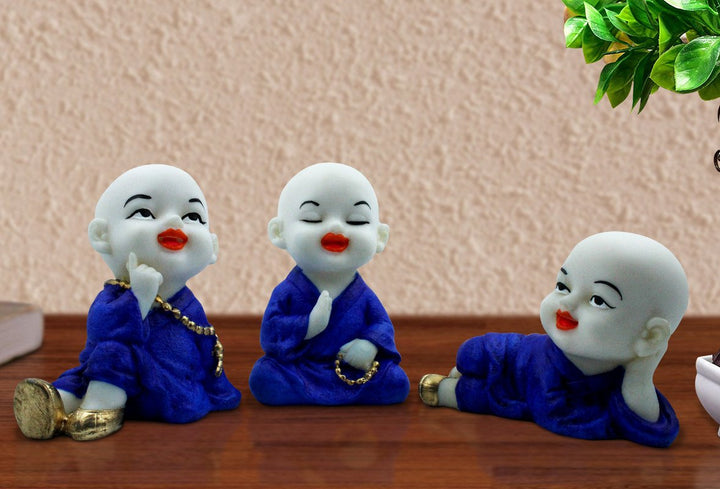 Handcrafted Ployresin Lord Buddha Three Sleeping, Praying And Thinking Statue Showpiece Home Decor/Office Decor/Spiritual Gift, White And Blue - Karigaari India Aesthetic Home Decor