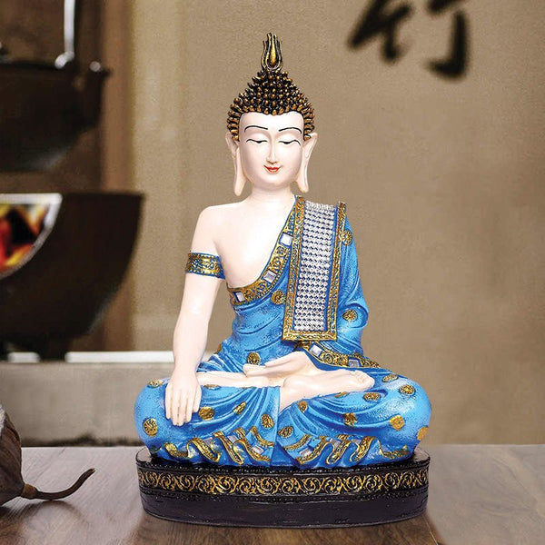 Handcrafted Ployresin Lord Buddh Blue Colour Sitting  Statue Showpiece Home Decor/Office Decor/Spiritual Gift - Karigaari India Aesthetic Home Decor
