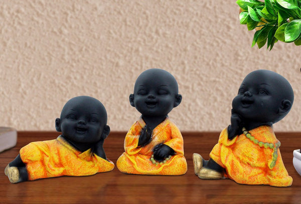 Handcrafted Ployresin Lord Buddha Three Sleeping, Praying And Thinking Statue Showpiece Home Decor/Office Decor/Spiritual Gift, Black And Orange - Karigaari India Aesthetic Home Decor