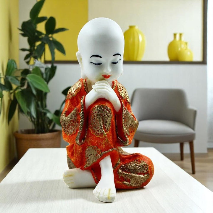 Handcrafted Ployresin Lord Buddha Sitting And Sleeping Statue Showpiece Home Decor/Office Decor/Spiritual Gift, White And Orange - Karigaari India Aesthetic Home Decor