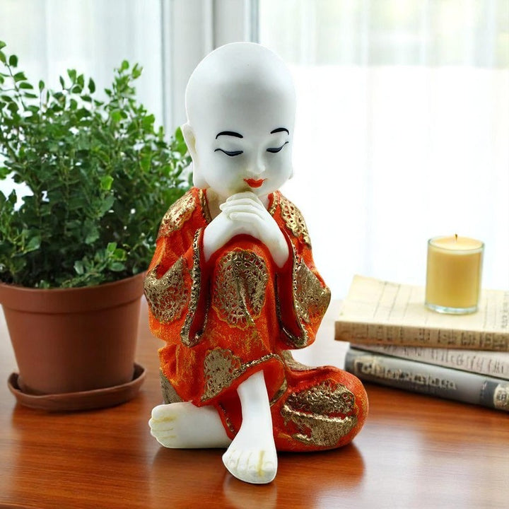 Handcrafted Ployresin Lord Buddha Sitting And Sleeping Statue Showpiece Home Decor/Office Decor/Spiritual Gift, White And Orange - Karigaari India Aesthetic Home Decor