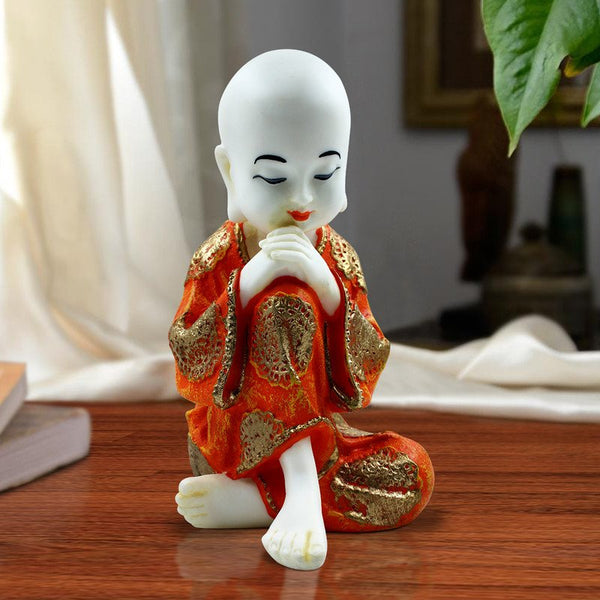Handcrafted Ployresin Lord Buddha Sitting And Sleeping Statue Showpiece Home Decor/Office Decor/Spiritual Gift, White And Orange - Karigaari India Aesthetic Home Decor