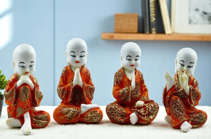 Handcrafted Ployresin Lord Buddha Four Sitting Statues Showpiece Home Decor/Office Decor/Spiritual Gift, White And Orange - Karigaari India Aesthetic Home Decor