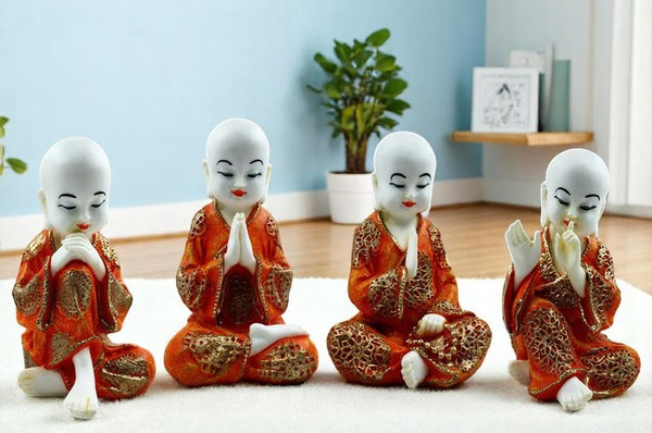 Handcrafted Ployresin Lord Buddha Four Sitting Statues Showpiece Home Decor/Office Decor/Spiritual Gift, White And Orange - Karigaari India Aesthetic Home Decor