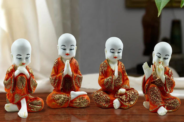 Handcrafted Ployresin Lord Buddha Four Sitting Statues Showpiece Home Decor/Office Decor/Spiritual Gift, White And Orange - Karigaari India Aesthetic Home Decor