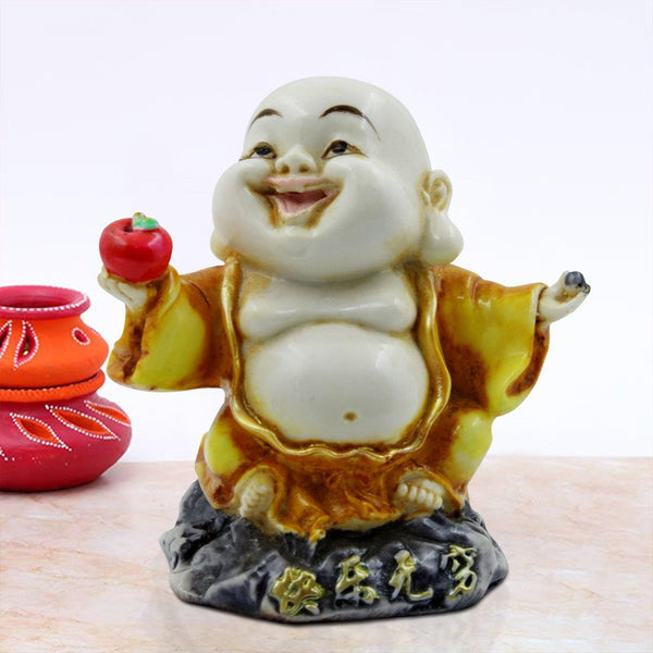 Handcrafted Ployresin Lord Buddha Laughing And Standing With Taking Apple in Hand White And Yellow Statue Showpiece Home Decor/Office Decor/Spiritual Gift - Karigaari India Aesthetic Home Decor