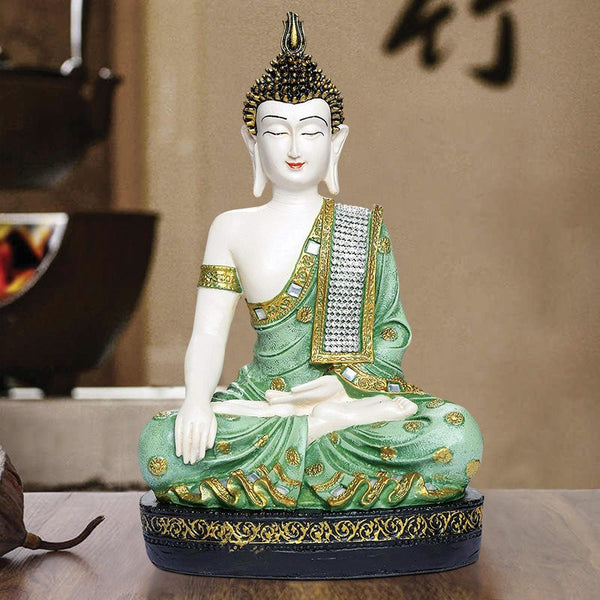 Handcrafted Ployresin Light Green And Golden Colour Sitting Lord Buddha Statue Showpiece Home Decor/Office Decor/Spiritual Gift - Karigaari India Aesthetic Home Decor