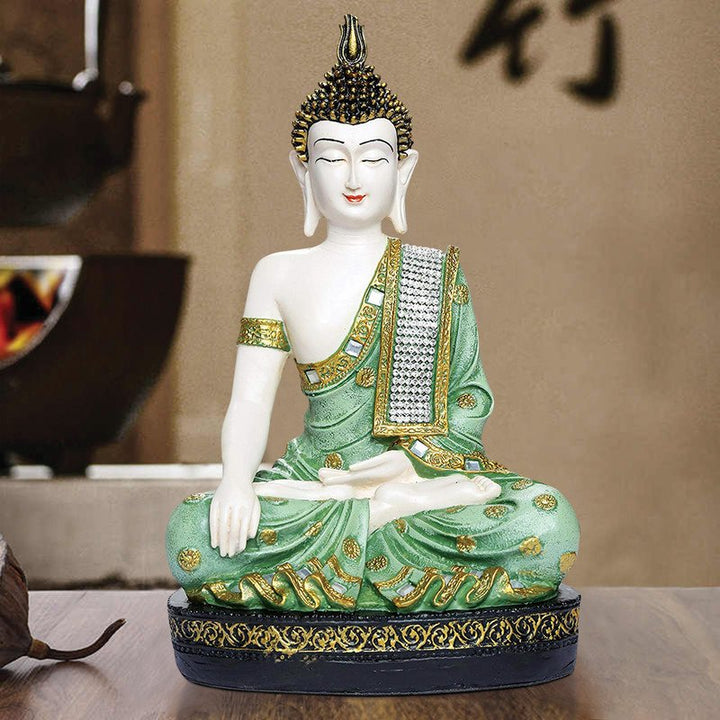 Handcrafted Ployresin Light Green And Golden Colour Sitting Lord Buddha Statue Showpiece Home Decor/Office Decor/Spiritual Gift - Karigaari India Aesthetic Home Decor