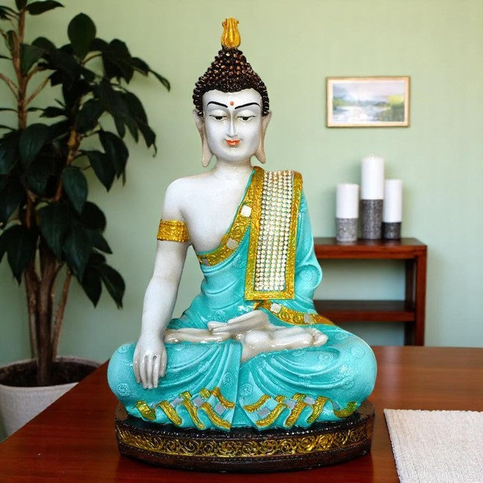 Handcrafted Ployresin Golden And Sky Blue Colour Sitting Lord Buddha Statue Showpiece Home Decor/Office Decor/Spiritual Gift - Karigaari India Aesthetic Home Decor