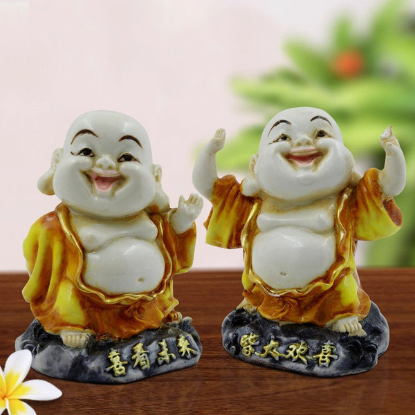 Handcrafted Ployresin Lord Buddha Two Standing Laughing Statues Showpiece Home Decor/Office Decor/Spiritual Gift, Yellow