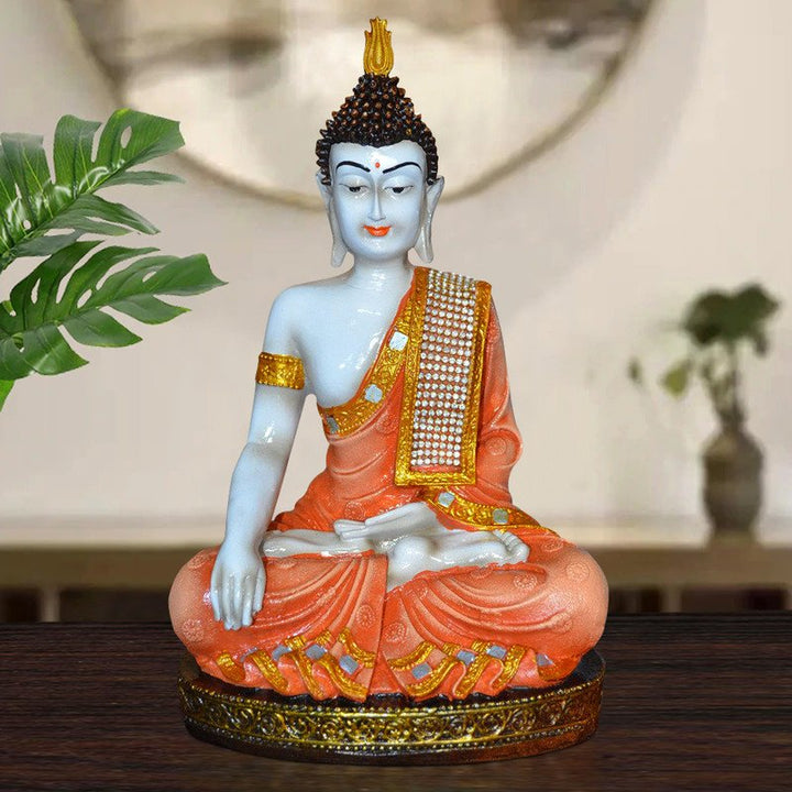 Handcrafted Ployresin Golden And Orange Colour Sitting Lord Buddha Statue Showpiece Home Decor/Office Decor/Spiritual Gift - Karigaari India Aesthetic Home Decor