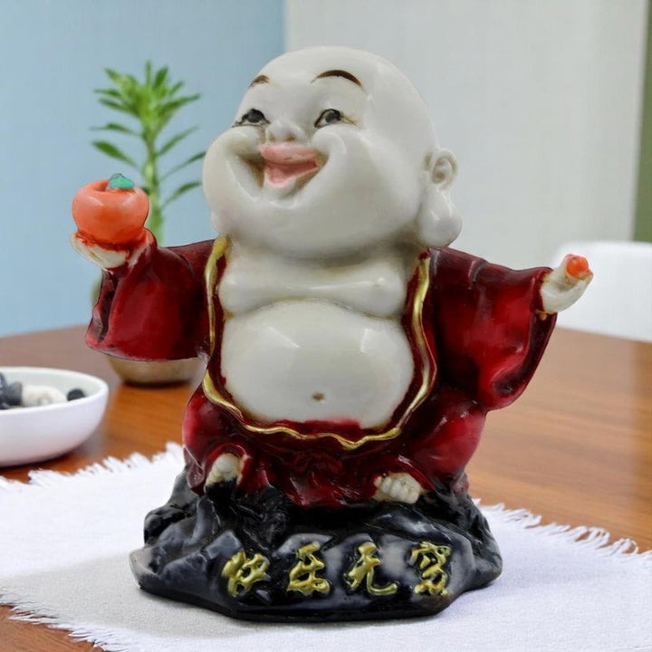 Handcrafted Ployresin Lord Buddha Standing On Stone And Laughing Statue Showpiece Home Decor/Office Decor/Spiritual Gift, Red - Karigaari India Aesthetic Home Decor