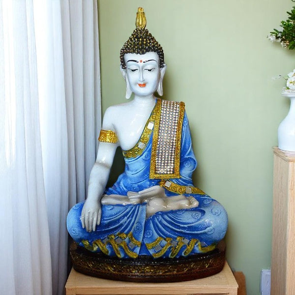 Handcrafted Ployresin Blue And Golden Colour Sitting Lord Buddha Statue Showpiece Home Decor/Office Decor/Spiritual Gift - Karigaari India Aesthetic Home Decor