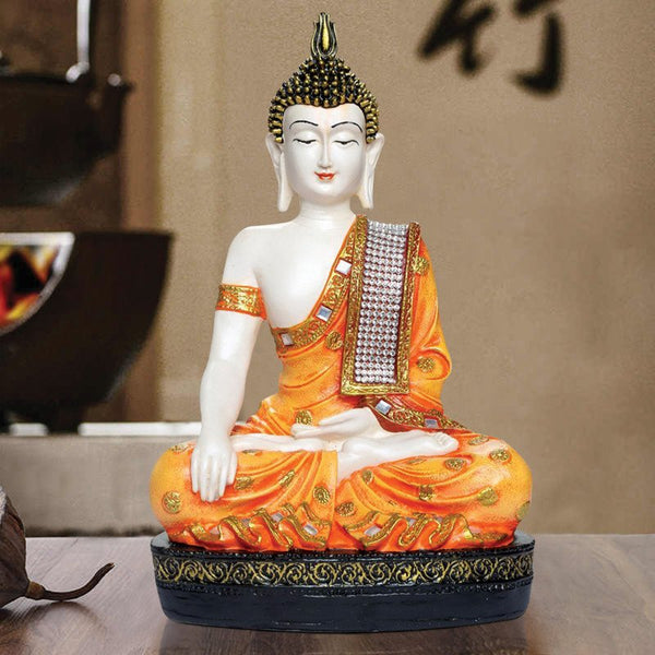 Handcrafted Ployresin Orange And Golden Colour Sitting Lord Buddha Statue Showpiece Home Decor/Office Decor/Spiritual Gift