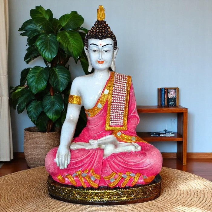 Handcrafted Ployresin Pink And Golden Colour Sitting Lord Buddha Statue Showpiece Home Decor/Office Decor/Spiritual Gift - Karigaari India Aesthetic Home Decor