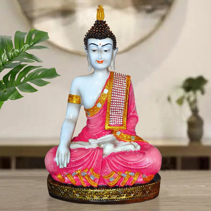 Handcrafted Ployresin Pink And Golden Colour Sitting Lord Buddha Statue Showpiece Home Decor/Office Decor/Spiritual Gift - Karigaari India Aesthetic Home Decor