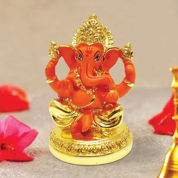 Stylish Ceramic Gold & Orange Ganesha for Car Dashboard