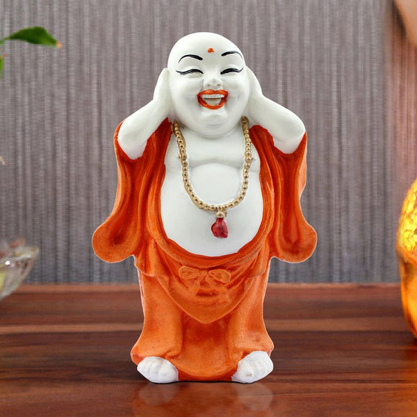 Handcrafted Ployresin Lord Buddha Standing With Putting Hand On Ears Statue Showpiece Home Decor/Office Decor/Spiritual Gift, Orange - Karigaari India Aesthetic Home Decor