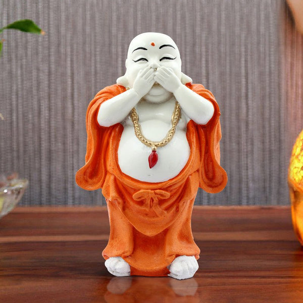 Handcrafted Ployresin Lord Buddha Standing With Putting Hand On Mouth Statue Showpiece Home Decor/Office Decor/Spiritual Gift, White And Orange